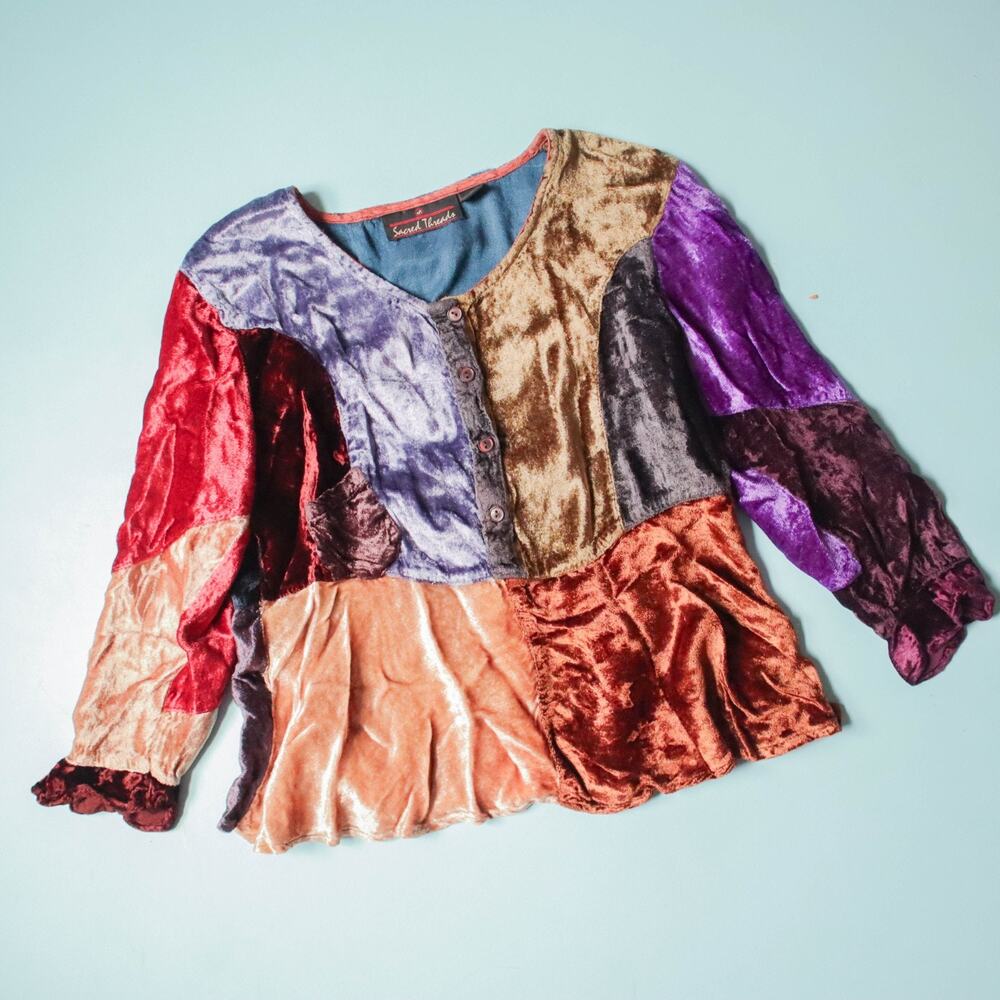 Sacred Threads Vintage Patchwork Blouse Womens Small Boho Retro Rayon